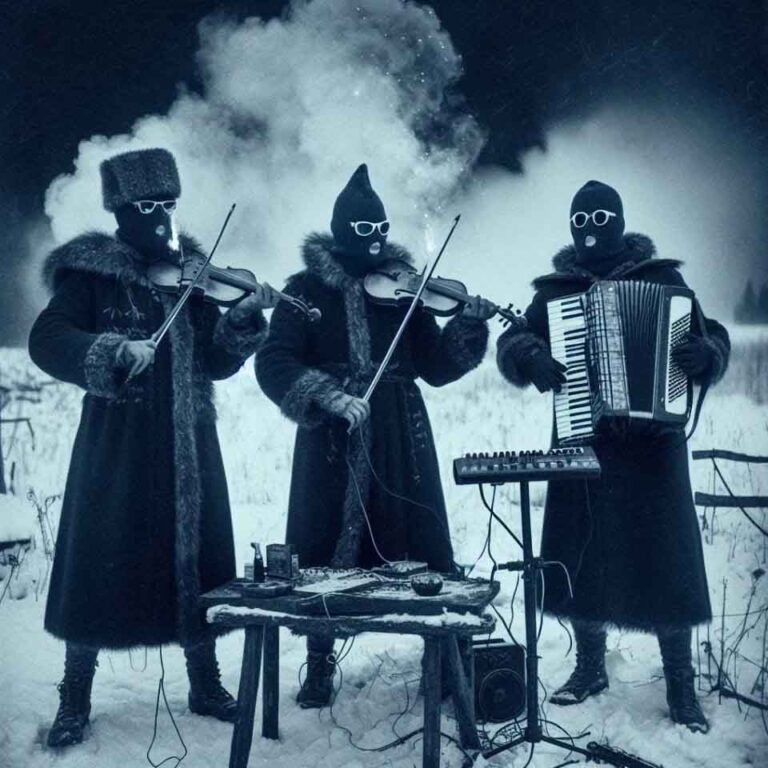 Yhtye viulujen, harmonikan ja kosketinsoittimien kanssa.