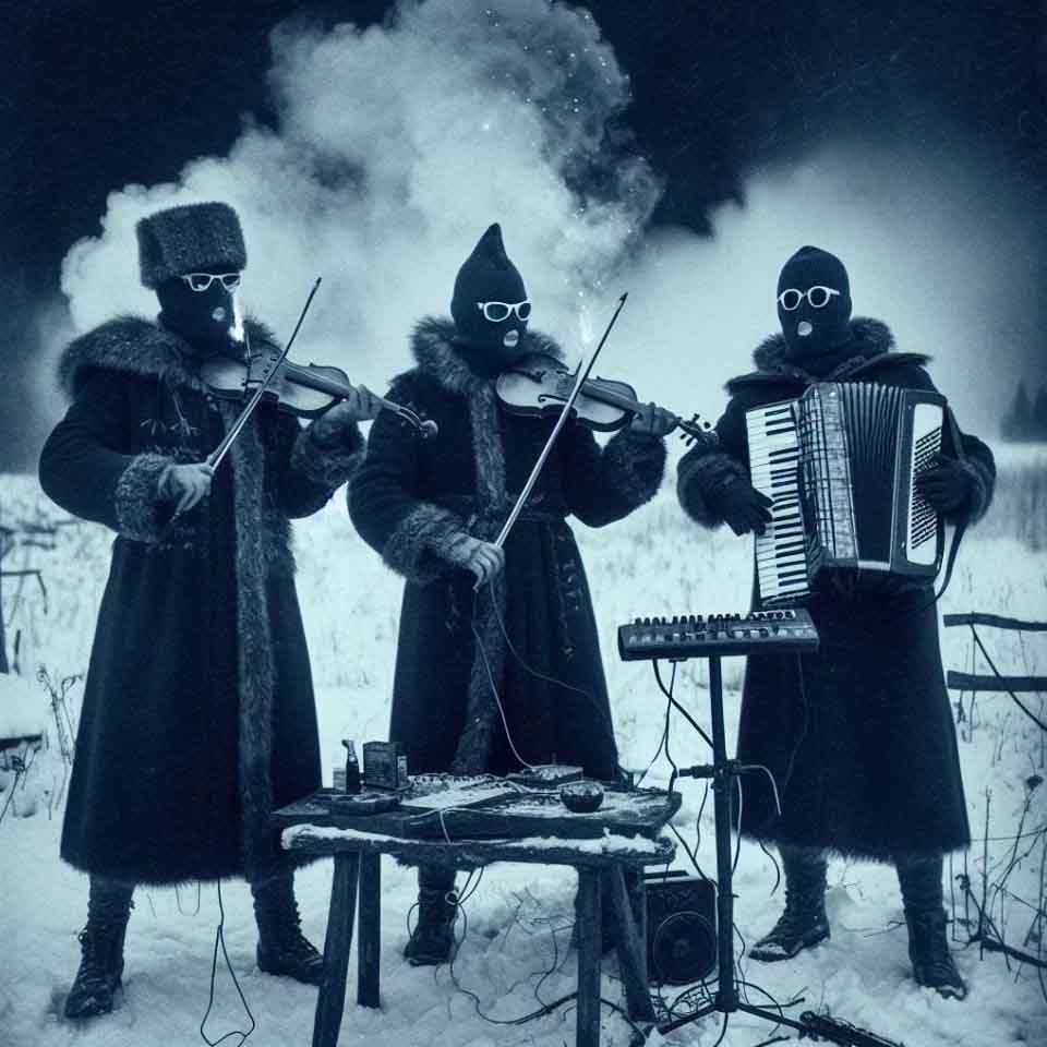 Yhtye viulujen, harmonikan ja kosketinsoittimien kanssa.